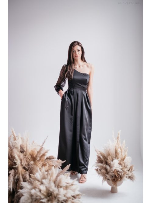 Nicole -Asymetrické čierne saténové maxi šaty