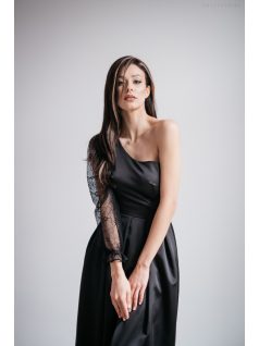 Nicole -Asymetrické čierne saténové maxi šaty