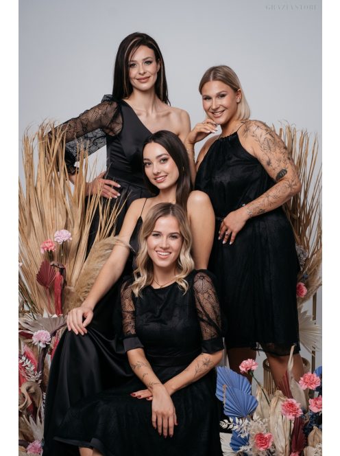 Andrea - Čierne čipkované šaty s naberanými rukávmi a špeciálnym strihom na chrbte