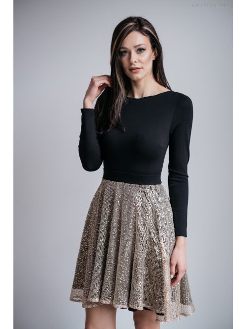 Leila - mini šaty s dlhým rukávom a trblietavou kruhovou sukňou