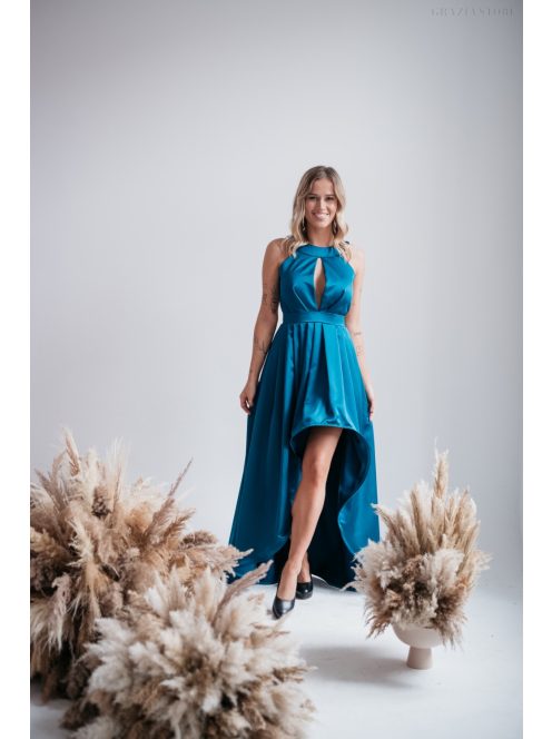   Bíbor - petrolejovo modré asymetrické saténové šaty