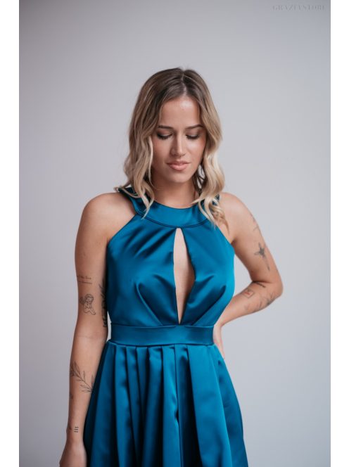   Bíbor - petrolejovo modré asymetrické saténové šaty