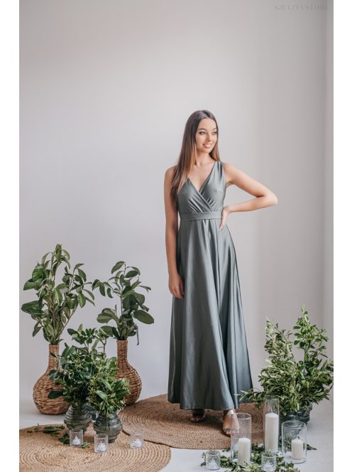 Zóra - maxi šaty s prekladaným dekoltom v army zelenej farbe