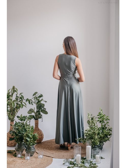 Zóra - maxi šaty s prekladaným dekoltom v army zelenej farbe