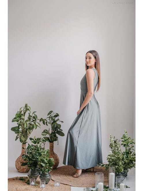 Zóra - maxi šaty s preloženým dekoltom v army zelenej farbe