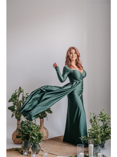 Miranda - goblin zelené maxi šaty s dlhým rukávom z elastického materiálu