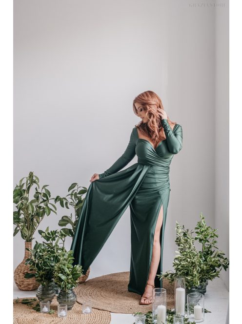 Miranda - goblin zelené maxi šaty s dlhým rukávom z elastického materiálu