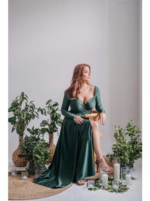 Miranda - goblin zelené maxi šaty s dlhým rukávom z elastického materiálu