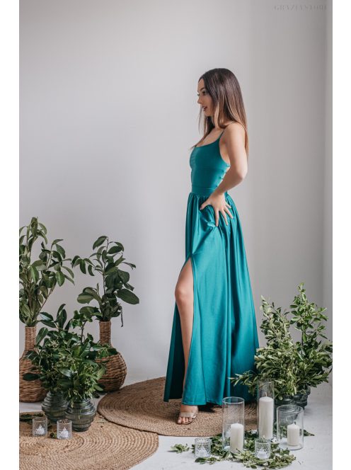 Madleine - boyscout zelené maxi šaty s prekríženými ramienkami na chrbte