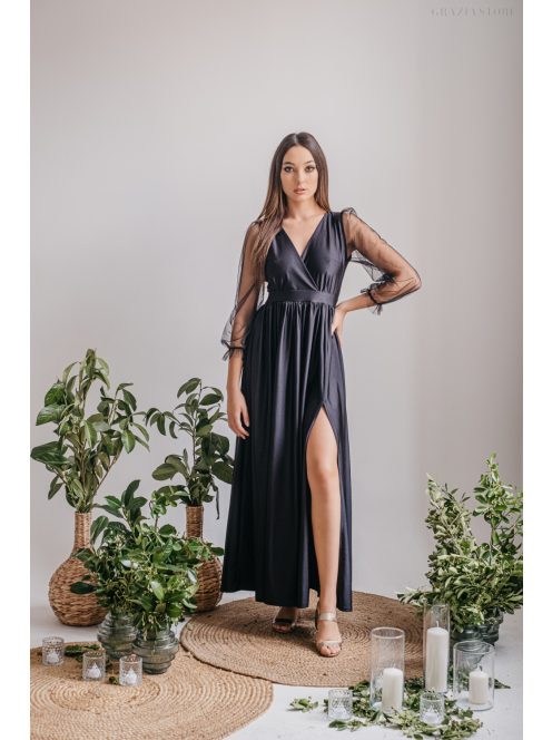 Zóra - čierne maxi šaty s tylovými rukávmi