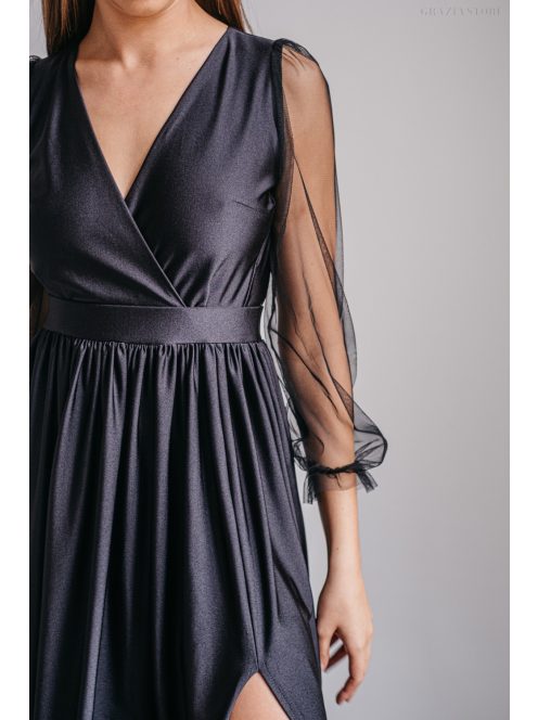 Zóra - čierne maxi šaty s tylovými rukávmi