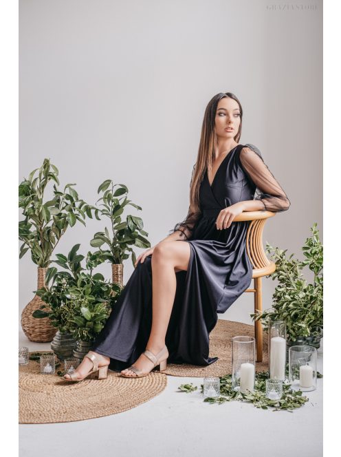 Zóra - čierne maxi šaty s tylovými rukávmi