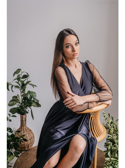 Zóra - čierne maxi šaty s tylovými rukávmi