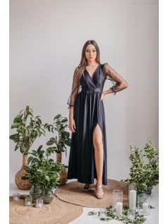 Zóra - čierne maxi šaty s tylovými rukávmi
