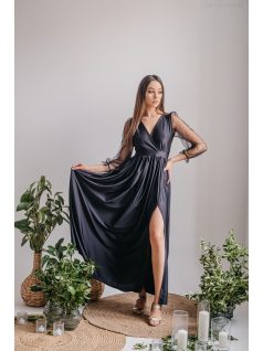 Zóra - čierne maxi šaty s tylovými rukávmi