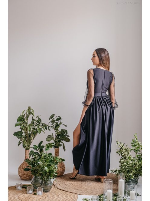 Zóra - čierne maxi šaty s tylovými rukávmi