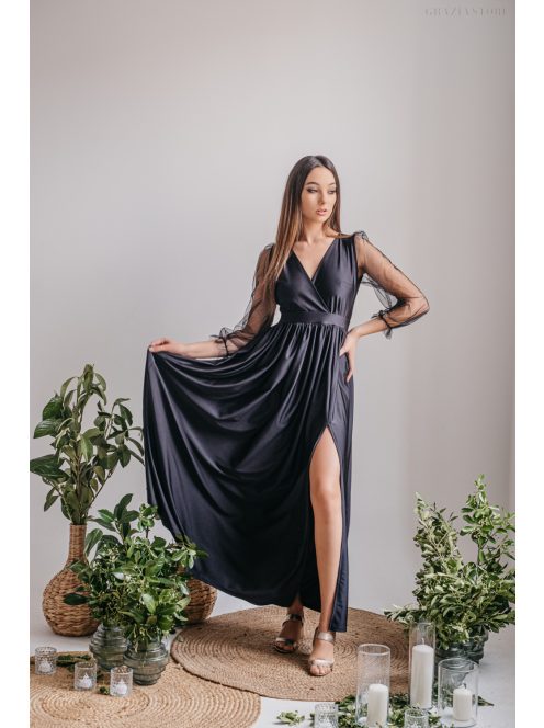 Zóra - čierne maxi šaty s tylovými rukávmi