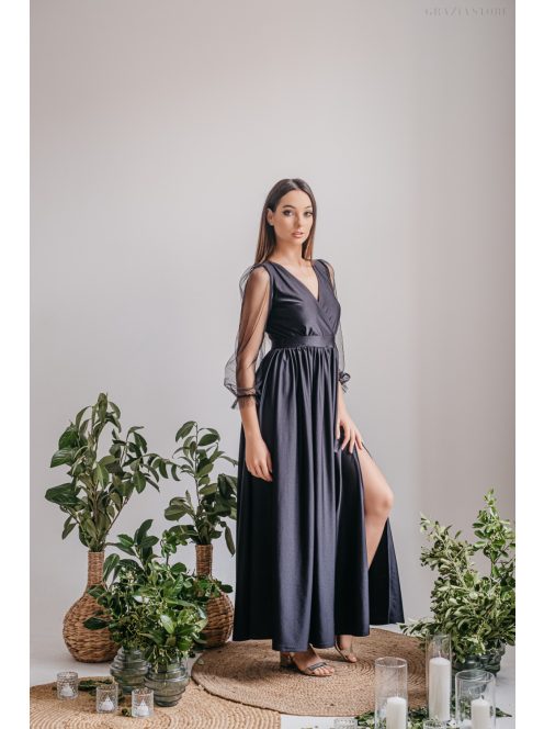 Zóra - čierne maxi šaty s tylovými rukávmi