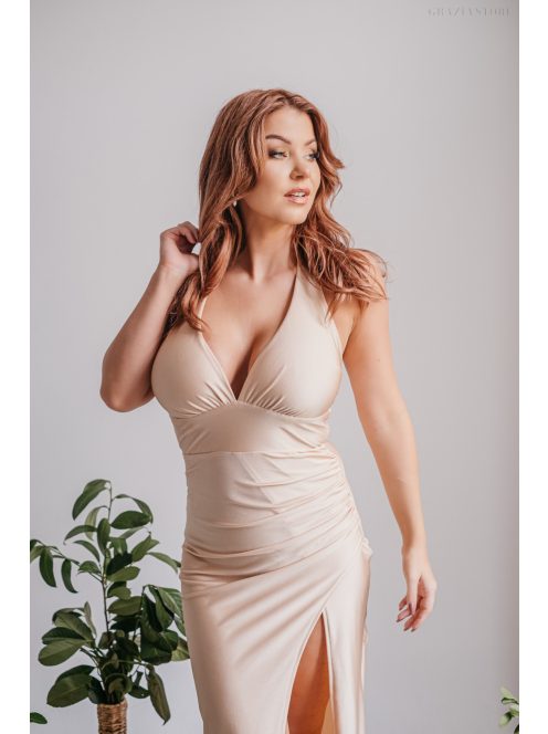 Szabina - Priliehavé šaty s výstrihom do V, vo farbe make-upu z elastického materiálu