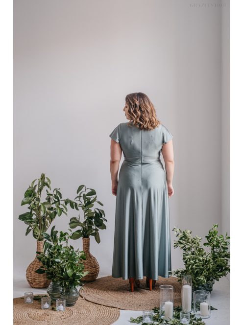 Zóra s rukávmi - maxi šaty s preloženým dekoltom a krátkymi rukávmi z elastického materiálu, foresty zelenej farby