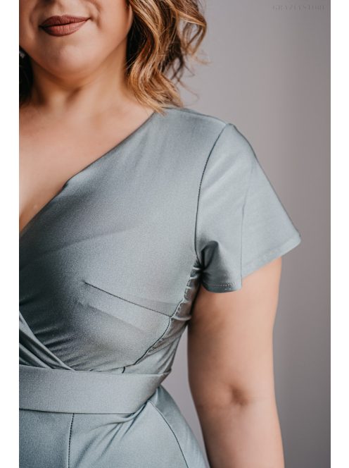 Zóra s rukávmi - maxi šaty s preloženým dekoltom a krátkymi rukávmi z elastického materiálu, foresty zelenej farby