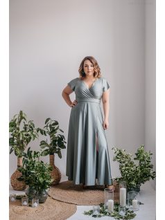   Zóra s rukávmi - maxi šaty s preloženým dekoltom a krátkymi rukávmi z elastického materiálu, foresty zelenej farby