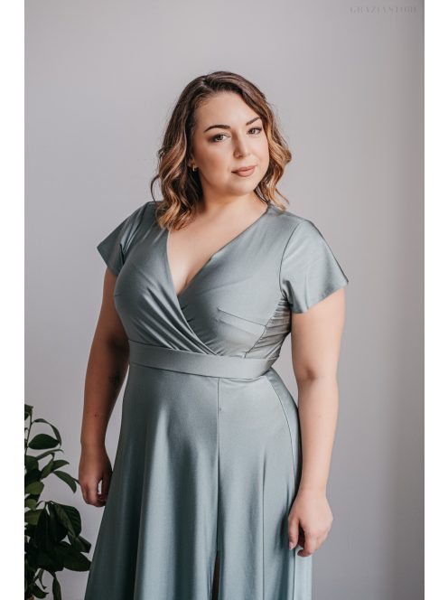 Zóra s rukávmi - maxi šaty s preloženým dekoltom a krátkymi rukávmi z elastického materiálu, foresty zelenej farby