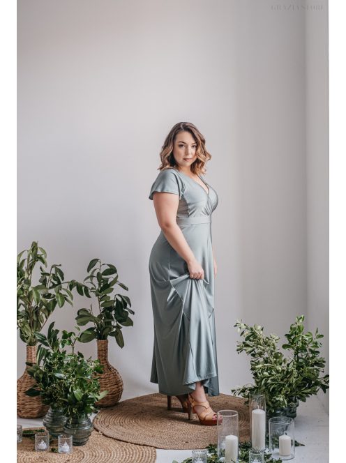 Zóra s rukávmi - maxi šaty s preloženým dekoltom a krátkymi rukávmi z elastického materiálu, foresty zelenej farby