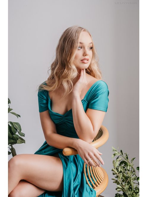 Inez - boyscout zelené maxi šaty z elastického materiálu s nariaseným topom a romantickými rukávmi