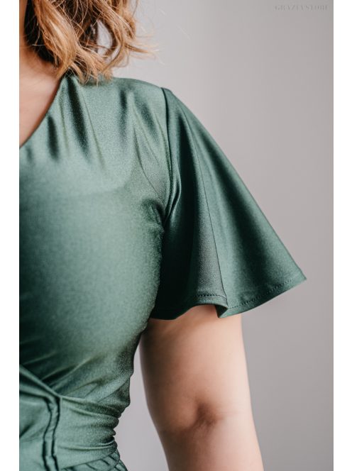 Alina -  zavinovacie maxi šaty s krátkym rukávom v goblin zelenej farbe