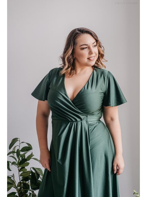 Alina -  zavinovacie maxi šaty s krátkym rukávom v goblin zelenej farbe