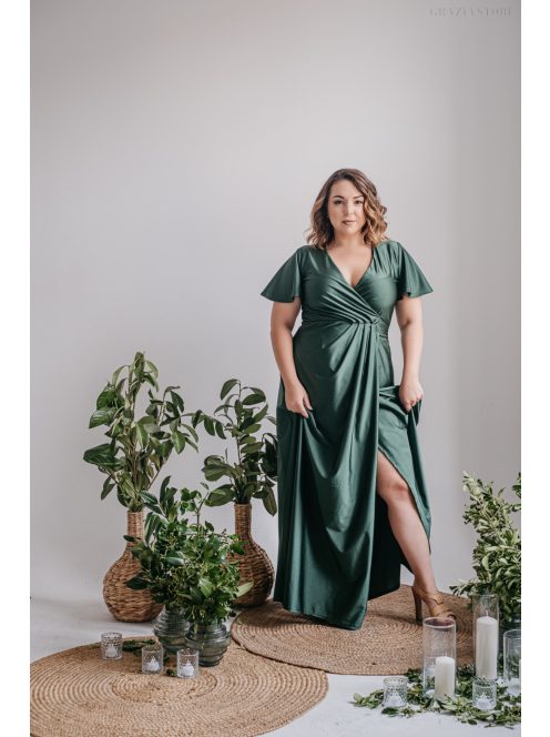 Alina -  zavinovacie maxi šaty s krátkym rukávom v goblin zelenej farbe