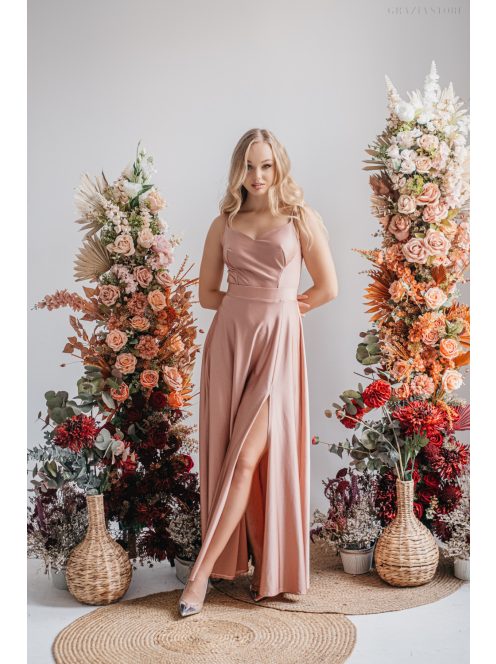 Cloe – Maxi šaty s tenkými ramienkami a výstrihom v tvare srdiečka, v kávovo-krémovej farbe