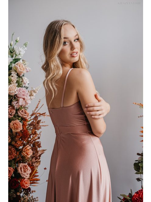 Cloe – Maxi šaty s tenkými ramienkami a výstrihom v tvare srdiečka, v kávovo-krémovej farbe