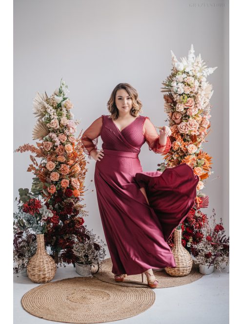 Polli s rukávmi – maxi šaty s preloženým, rebrovaným dekoltom a tylovými rukávmi, vo farbe bolero