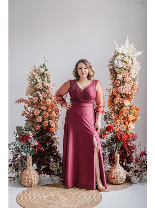 Polli s rukávmi – maxi šaty s preloženým, rebrovaným dekoltom a tylovými rukávmi, vo farbe bolero