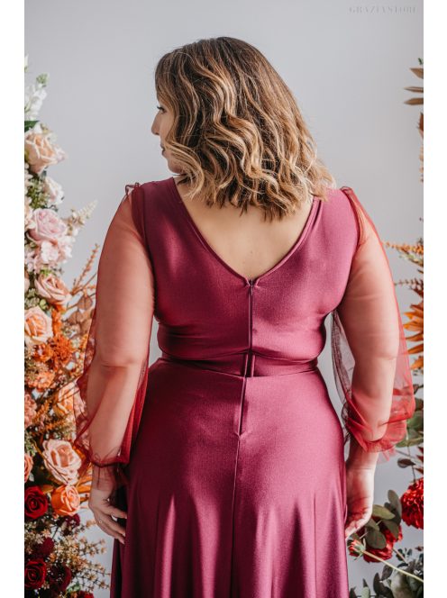 Polli s rukávmi – maxi šaty s preloženým, rebrovaným dekoltom a tylovými rukávmi, vo farbe bolero