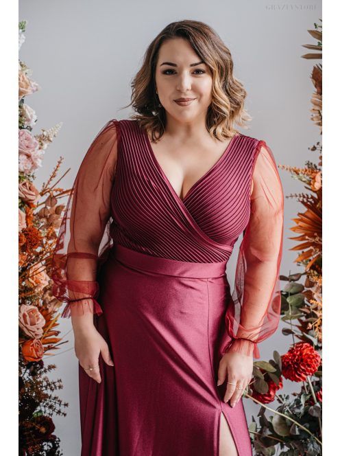 Polli s rukávmi – maxi šaty s preloženým, rebrovaným dekoltom a tylovými rukávmi, vo farbe bolero