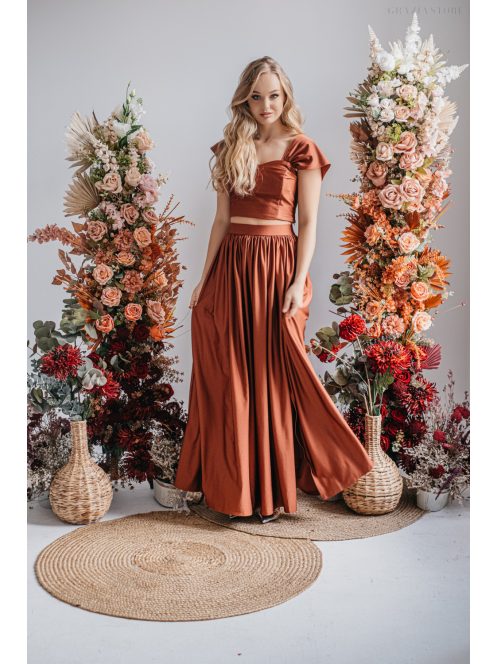 Rebeka - narisená maxi sukňa, z lesklého, elastického materiálu, farba dattero