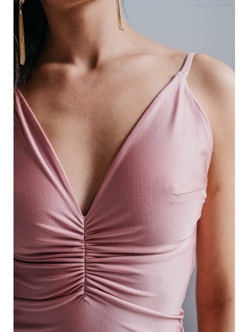 Emili -  nariasené maxi šaty s výstrihom do V a tenkými ramienkami,  vo farbe shiva