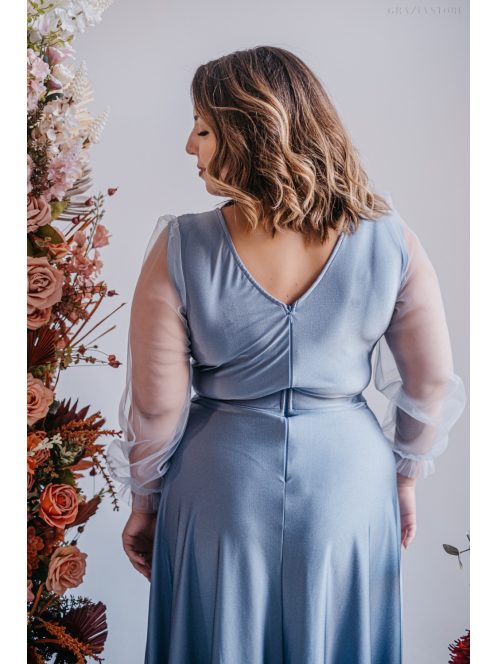 Polli - maxi šaty s preloženým, rebrovanými dekoltom  a tylovými rukávmi, vo farbe riva