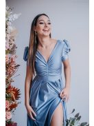 Ramóna - maxi šaty s mierne pufovanými rukávmi a nariaseným výstrihom, vo farbe riva