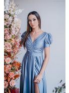 Ramóna - maxi šaty s mierne pufovanými rukávmi a nariaseným výstrihom, vo farbe riva