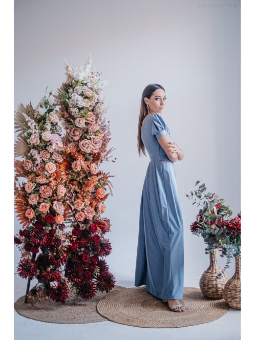 Ramóna - maxi šaty s mierne pufovanými rukávmi a nariaseným výstrihom, vo farbe riva