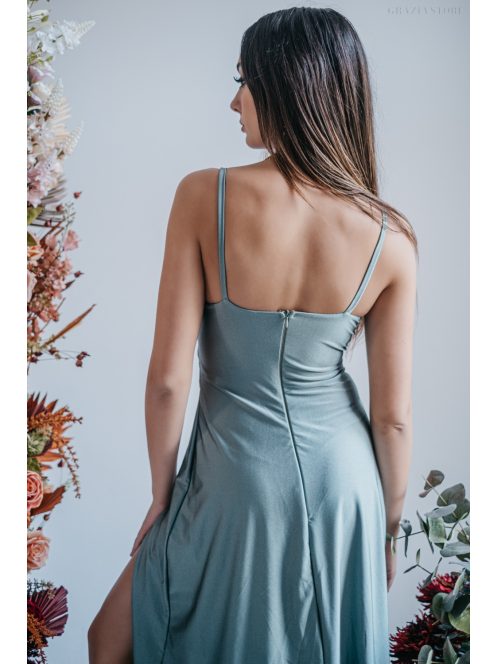 Elenor – vékony pántos V-kivágású maxi ruha foresty színben