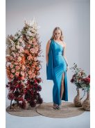 Freya - jednoramenné maxi šaty s priliehavou sukňou,  v modrej fondale farbe