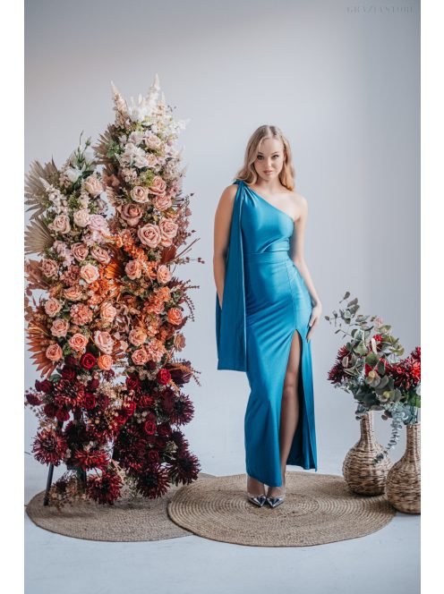 Freya - jednoramenné maxi šaty s priliehavou sukňou,  v modrej fondale farbe