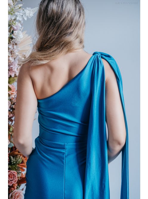 Freya - jednoramenné maxi šaty s priliehavou sukňou,  v modrej fondale farbe