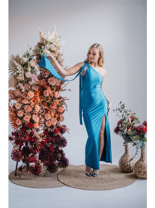 Freya - jednoramenné maxi šaty s priliehavou sukňou,  v modrej fondale farbe