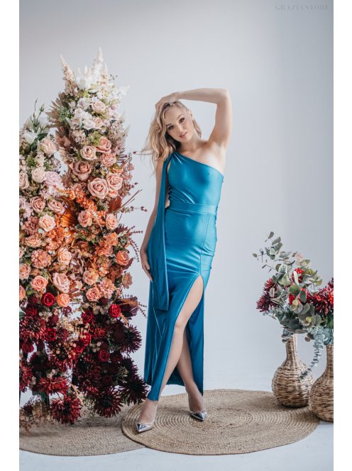 Freya - jednoramenné maxi šaty s priliehavou sukňou,  v modrej fondale farbe